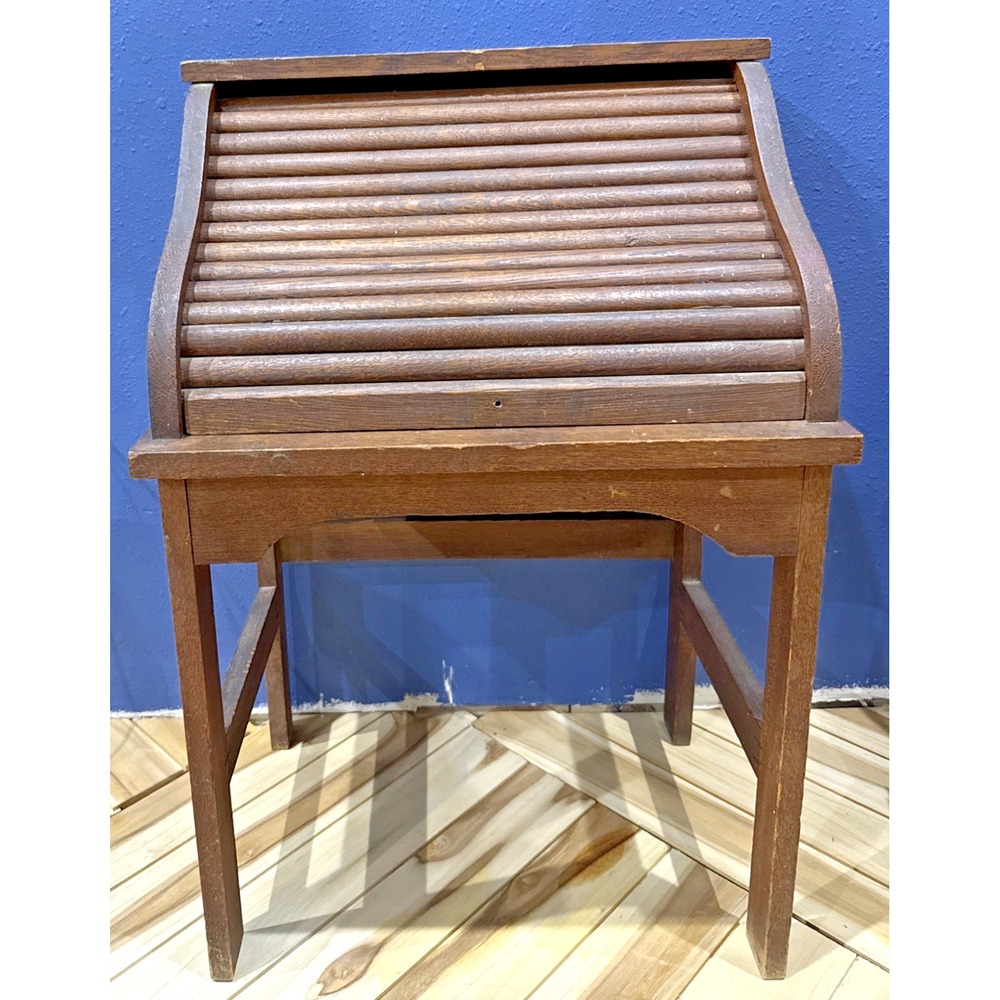VTG Child Size Oak Roll Top Desk Mini Secretary Tambour Cubbies 27.6in